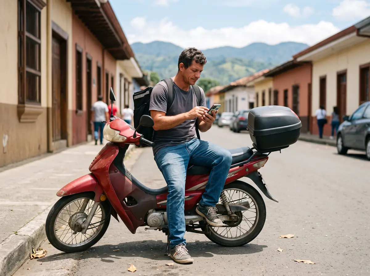Mensajero independiente revisando su teléfono sobre su moto